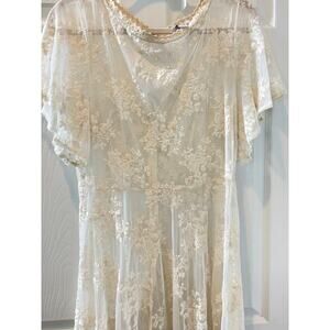 Unique Vintage 1940s Ivory Cotton Lace Boho Flutter Sleeve Keyhole Back Sz  XL
